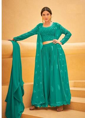 Sea green indowestern full stitch sequins work  crop, palazzo, shrug & dupatta set 1