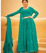 Sea green indowestern full stitch sequins work  crop, palazzo, shrug & dupatta set