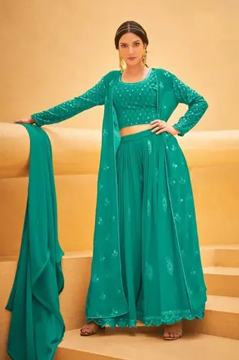 Sea green indowestern full stitch sequins work  crop, palazzo, shrug & dupatta set