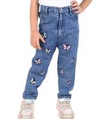 Budding Bees Blue Denim Jeans for Girls with Delicate Butterfly Embroidery