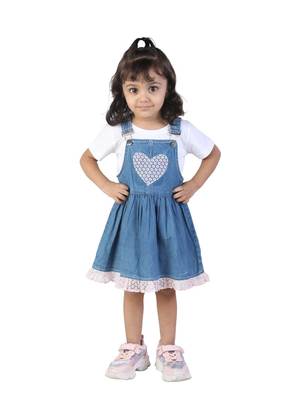 BuddingBees Denim Dress for Girls featuring adorable fruit embroidered pockets. 1