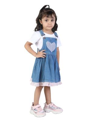 BuddingBees Denim Dress for Girls featuring adorable fruit embroidered pockets. 4
