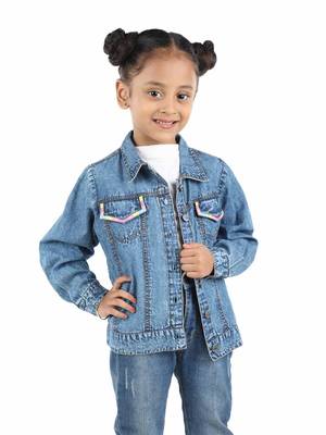 Budding Bees blue denim jacket for girls with pocket thread embriodery 1