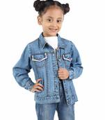 Budding Bees blue denim jacket for girls with pocket thread embriodery