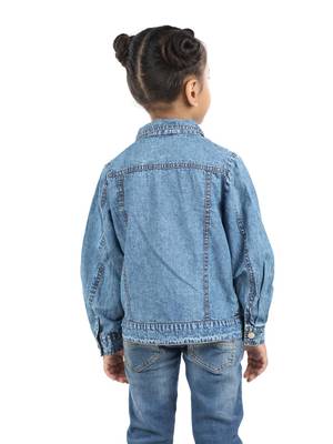 Budding Bees blue denim jacket for girls with pocket thread embriodery 2