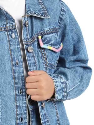 Budding Bees blue denim jacket for girls with pocket thread embriodery 3