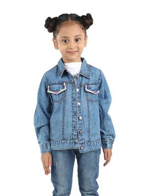Budding Bees blue denim jacket for girls with pocket thread embriodery 4