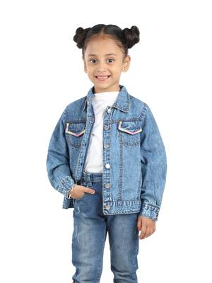 Budding Bees blue denim jacket for girls with pocket thread embriodery 5