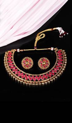 Red Stone Studded Metallic Necklace Sets 1