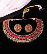Red Stone Studded Metallic Necklace Sets