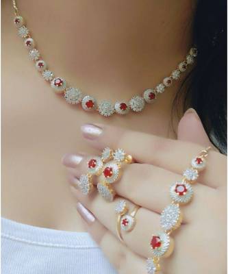 American Diamond Ruby Necklace Set with Earrings, Bracelet, and Ring 1