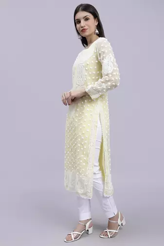 hand embroidered lemon georgette lucknowi chikan kurta with slip