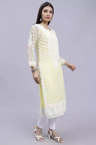 hand embroidered lemon georgette lucknowi chikan kurta with slip
