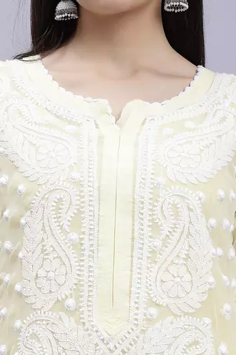 hand embroidered lemon georgette lucknowi chikan kurta with slip