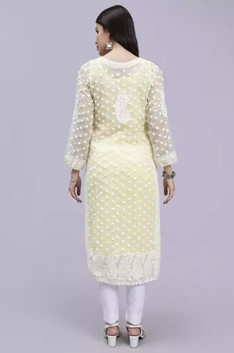 hand embroidered lemon georgette lucknowi chikan kurta with slip