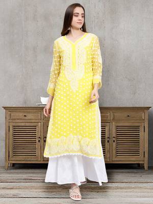 hand embroidered yellow georgette lucknowi chikan kurta with slip 1