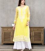 hand embroidered yellow georgette lucknowi chikan kurta with slip