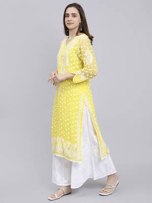 hand embroidered yellow georgette lucknowi chikan kurta with slip 2
