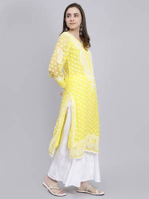 hand embroidered yellow georgette lucknowi chikan kurta with slip 3