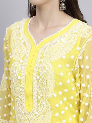 hand embroidered yellow georgette lucknowi chikan kurta with slip 4