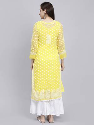hand embroidered yellow georgette lucknowi chikan kurta with slip 5