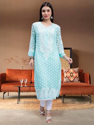 hand embroidered sea green georgette lucknowi chikan kurta with slip 1