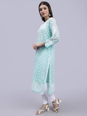 hand embroidered sea green georgette lucknowi chikan kurta with slip 2