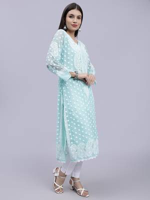 hand embroidered sea green georgette lucknowi chikan kurta with slip 3