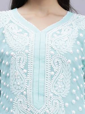 hand embroidered sea green georgette lucknowi chikan kurta with slip 4
