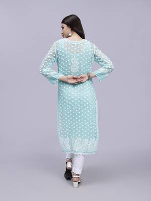 hand embroidered sea green georgette lucknowi chikan kurta with slip 5