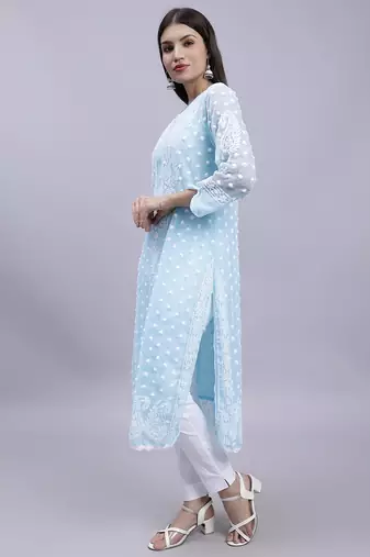 hand embroidered sky blue georgette lucknowi chikan kurta with slip