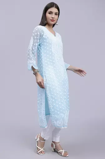 hand embroidered sky blue georgette lucknowi chikan kurta with slip
