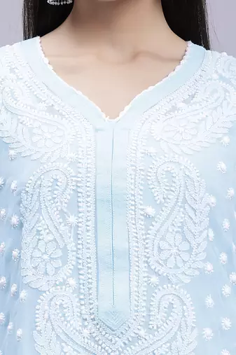 hand embroidered sky blue georgette lucknowi chikan kurta with slip