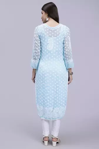 hand embroidered sky blue georgette lucknowi chikan kurta with slip