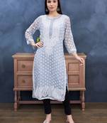 hand embroidered grey georgette lucknowi chikan kurta with slip