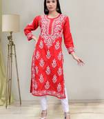 hand embroidered red cotton lucknowi chikan kurta