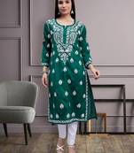 hand embroidered dark green cotton lucknowi chikan kurta