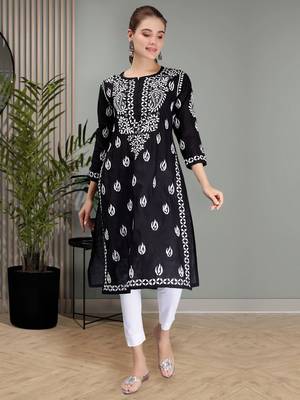 hand embroidered black cotton lucknowi chikan kurta 1
