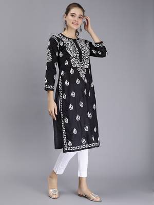 hand embroidered black cotton lucknowi chikan kurta 2