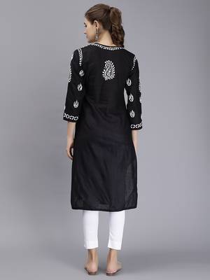 hand embroidered black cotton lucknowi chikan kurta 4