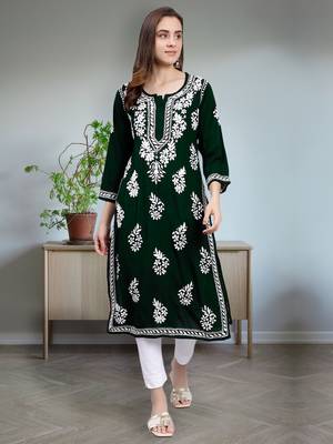 hand embroidered dark green rayon lucknowi chikan kurta 1