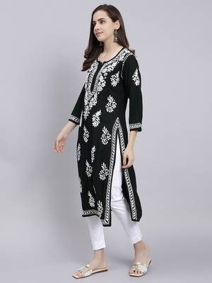 hand embroidered dark green rayon lucknowi chikan kurta 2