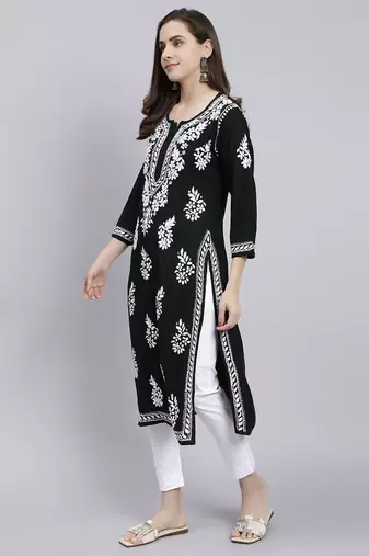 hand embroidered dark green rayon lucknowi chikan kurta