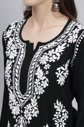 hand embroidered dark green rayon lucknowi chikan kurta