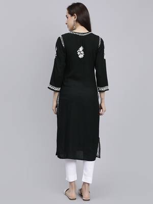 hand embroidered dark green rayon lucknowi chikan kurta 4