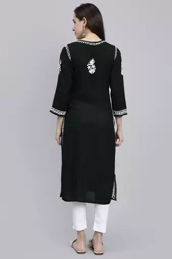 hand embroidered dark green rayon lucknowi chikan kurta