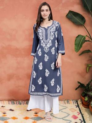 Seva chikan hand embroidered grey rayon lucknowi chikan kurta 1