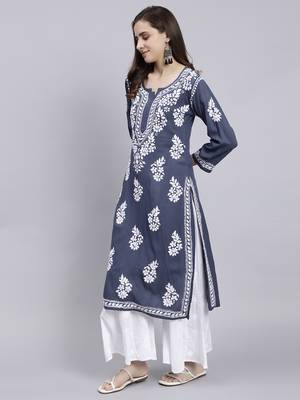 Seva chikan hand embroidered grey rayon lucknowi chikan kurta 2