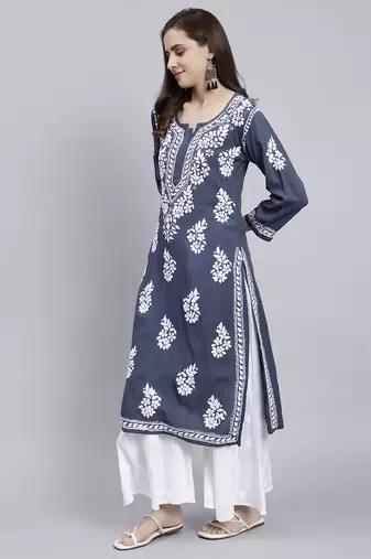 Seva chikan hand embroidered grey rayon lucknowi chikan kurta