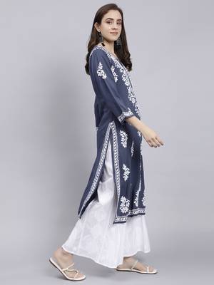Seva chikan hand embroidered grey rayon lucknowi chikan kurta 3